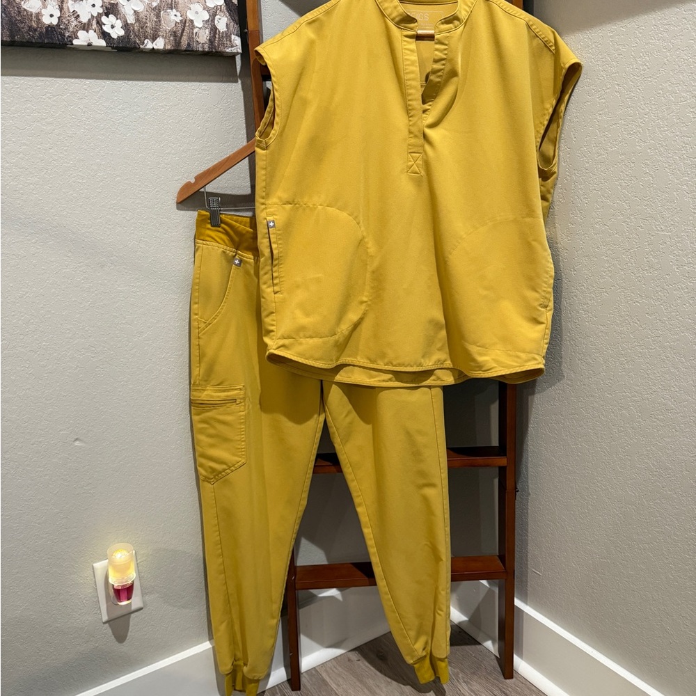Figs Mustard Yellow scrub set Medium Rafaela top and medium jogger.